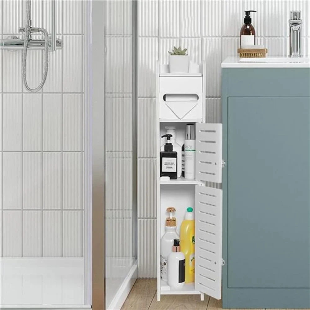 Small Bathroom Storage Cabinet for Small Spaces with 2 Doors & Shelves (White)